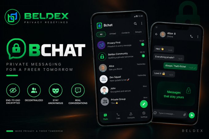 An advertisement for "BELDEX BCHAT - PRIVATE MESSAGING FOR A FREER TOMORROW" showing a mobile chat interface with features like "END-TO-END ENCRYPTED", "DECENTRALIZED", "STAY ANONYMOUS", and "REAL CONVERSATIONS".