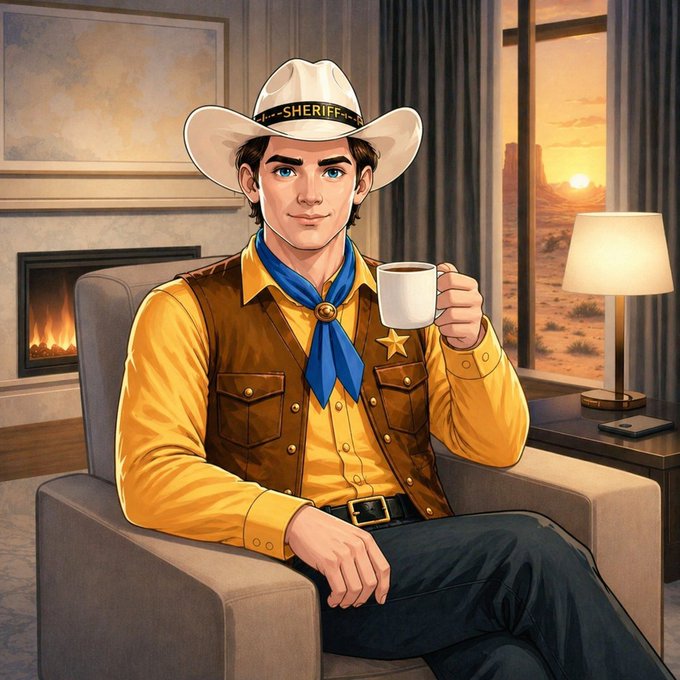 A smiling sheriff in a cowboy hat and yellow shirt sips coffee by a fireplace and a sunset view, perfectly fitting the "Good Morning Frens!" greeting.