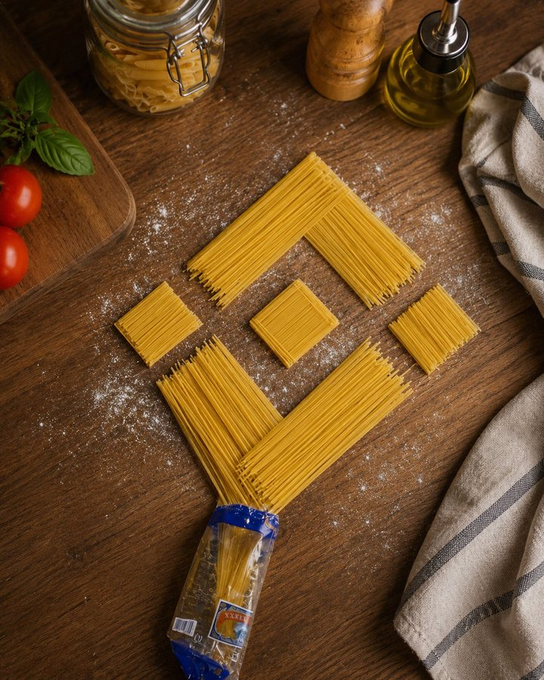 Bundles of uncooked spaghetti are artfully arranged on a flour-dusted wooden surface to form a downward-pointing arrow with a horizontal bar above it, spelling out a clear directional sign. The composition ties into the "There will be signs" theme by literally crafting signage from pasta, hinting at guidance or direction—perhaps pointing viewers toward a recipe, kitchen creation, or a playful message that "spaghetti" is the answer.