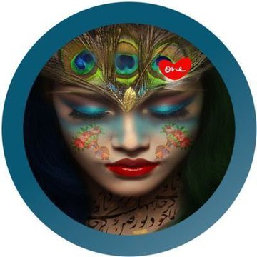 An artistic illustration depicts a woman with closed eyes, vibrant floral face paint, and a peacock feather headdress, with the Arabic word 'هنر' visible on her chest.