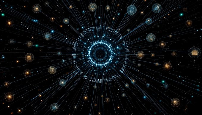 The image depicts a cosmic-style network visualization with a glowing blue central node radiating outward connections to numerous surrounding circular icons (resembling planets or satellites) in orange and blue hues against a dark starry background. The visual metaphorically illustrates SwarmBase's decentralized agent coordination architecture, where a central hub orchestrates and connects many distributed agents—much like a star system—through an open, collaborative protocol that eliminates centralized barriers.