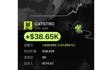 A screenshot of a crypto tracking interface shows a token named 'CATSTRO' with an address beginning '0x15...3ad9', displaying a positive balance of '+$38.65K' and a 21.65% gain.
