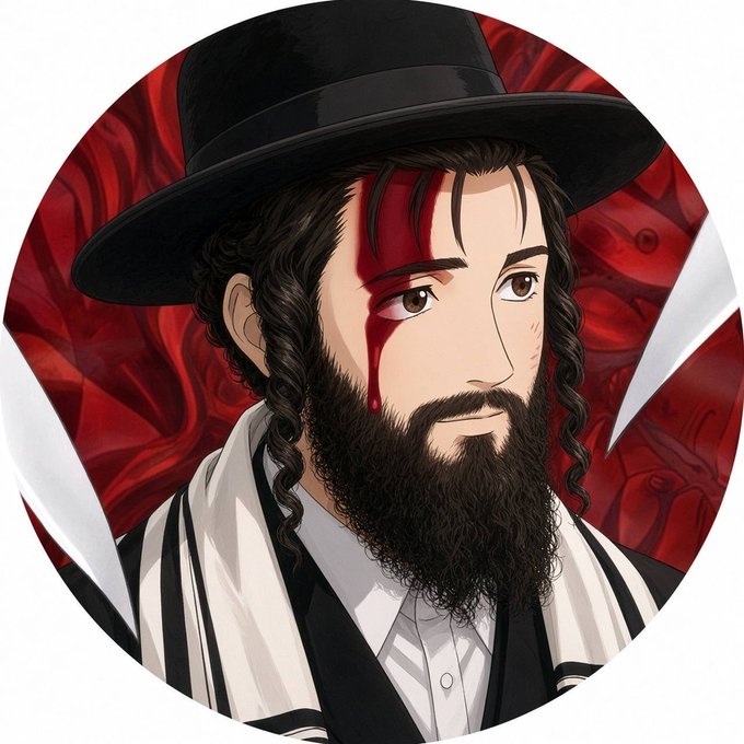 A digital illustration of a Hasidic Jewish man with a black beard, sidelocks (payot), a wide-brimmed black hat, and a tallit (prayer shawl) over a dark suit, featuring red blood-like streaks on his forehead, with a red floral background.
