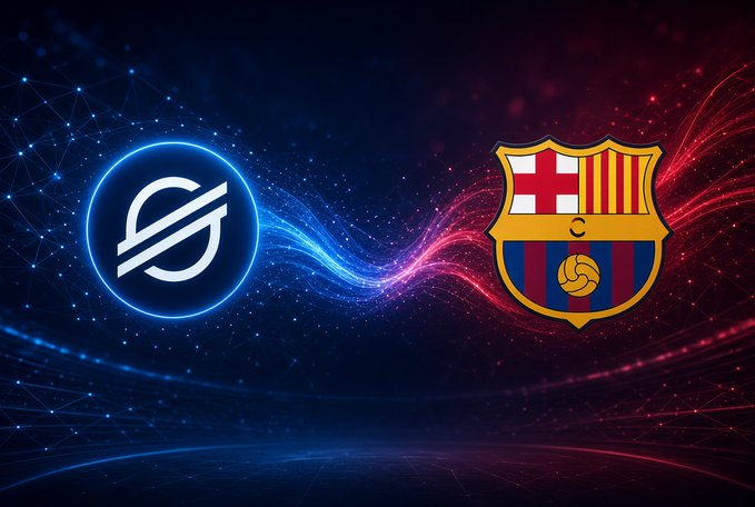A stylized graphic shows a Stellar (XLM) cryptocurrency logo on the left in blue, connected by flowing light streaks to the FC Barcelona crest on the right in red and blue.