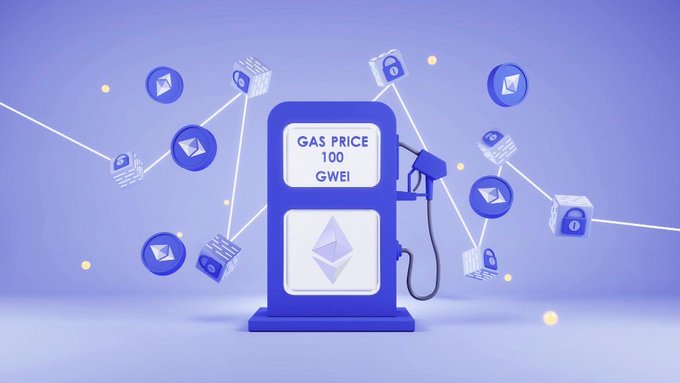 A 3D illustration of a blue Ethereum gas station displaying 'GAS PRICE 100 GWEI' with floating Ethereum and lock icons connected by lines.