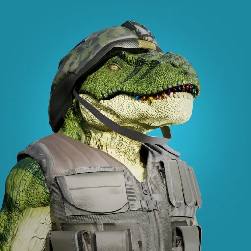 A 3D render or photo composite of a green, reptilian creature resembling a dinosaur, wearing a camouflage military helmet and a tactical vest against a plain blue background.