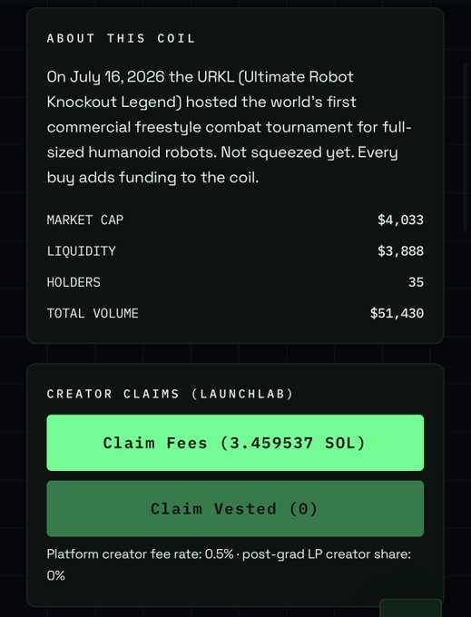A dark-themed information panel for a token 'coil' describes the URKL humanoid robot combat tournament on July 16, 2026, showing market cap $4,033, liquidity $3,888, 35 holders, and total volume $51,430, with buttons to claim fees (3.459537 SOL) or vested tokens.