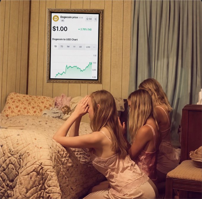 Three young women in matching pink nightgowns kneel on a bedroom floor, watching in apparent distress as a framed Dogecoin price chart displays DOGE at $1.00, up 2.78% on the day.