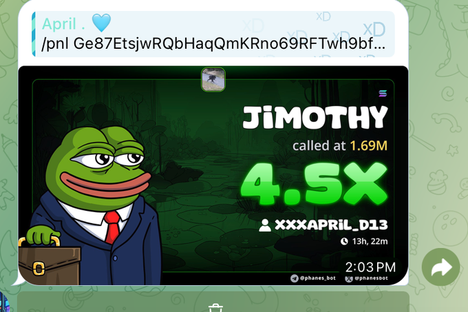 A screenshot of a Telegram message from "April" with a link shows a trading card featuring the Pepe frog character holding a briefcase, labeled "JIMOTHY" with a call at 1.69M, a 4.SX multiplier, and tagged user "xxxAPRIL_D13." The image relates to the post by depicting a speculative altcoin call, reflecting the theme of chasing high-risk, high-reward pumps across the Solana chain.