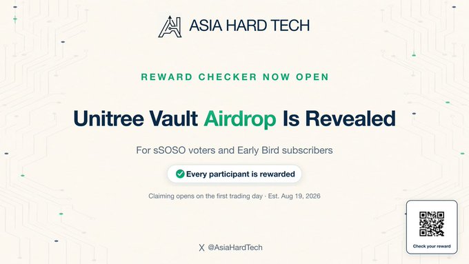 The image is a promotional banner from Asia Hard Tech announcing that the Unitree Vault airdrop reward checker is now open, eligible to sSOSO voters and Early Bird subscribers, with claiming set to open on the first trading day (est. Aug 19, 2026) and noting that every participant is rewarded. It ties to the post by signaling a pre-IPO milestone for Unitree's public trading debut, offering the community an opportunity to verify airdrop eligibility ahead of the listing.