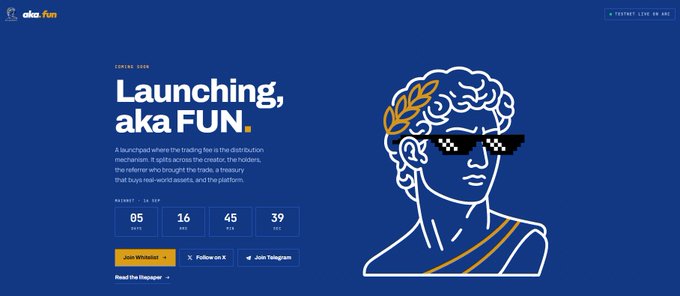 A webpage screenshot shows a launch countdown for 'aka.fun,' featuring a line-art illustration of a person wearing pixelated sunglasses and a laurel wreath, with buttons to join their whitelist and social media channels.