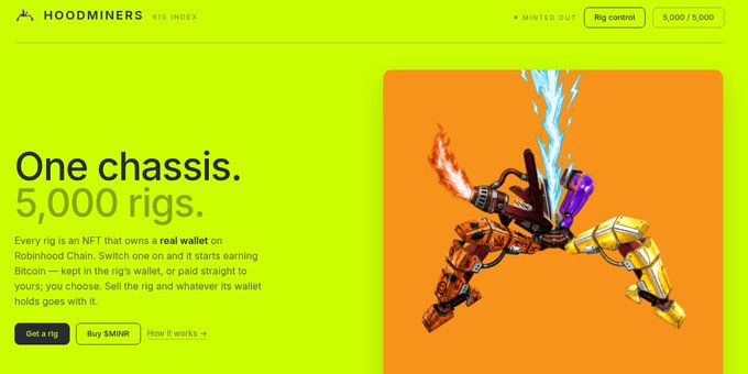 A website landing page for "HOODMINERS" with bright green and orange backgrounds, advertising "One chassis. 5,000 rigs." featuring 3D rendered mechanical figures.