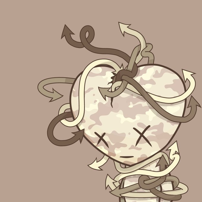 An illustration of a heart-shaped character with X eyes, wrapped in twisted ribbons with arrow tips, giving a nervous expression on a beige background.