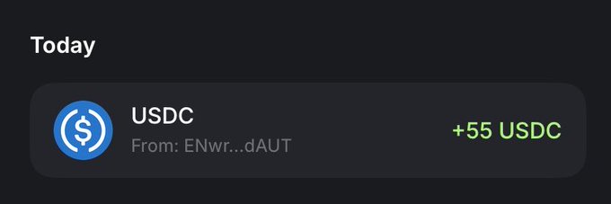 A dark-themed digital transaction screen showing 'Today' with a USDC token transfer of '+55 USDC' received 'From: ENwr...dAUT'.