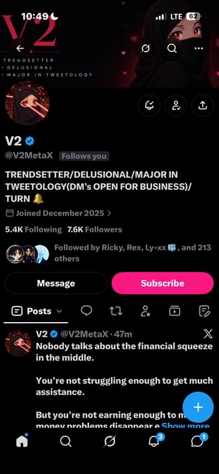 A Twitter/X profile screenshot for user "V2 @V2MetaX" showing bio "TRENDSETTER/DELUSIONAL/MAJOR IN TWEETOLOGY" and a tweet reading "Nobody talks about the financial squeeze in the middle."