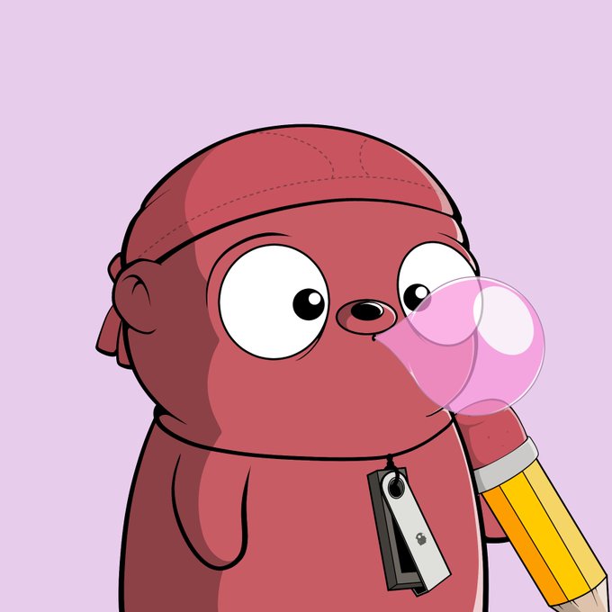 A cartoon illustration of a red monkey-like character blowing a pink bubblegum bubble while holding a large pencil.