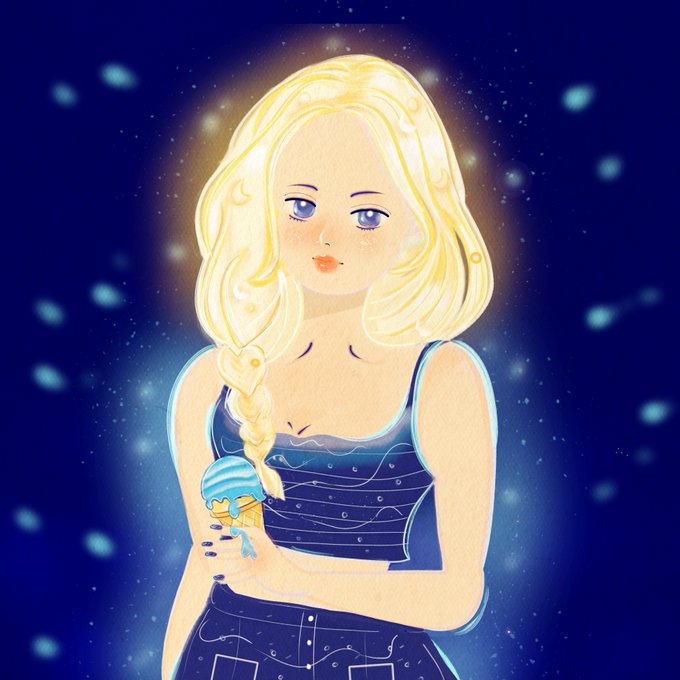 A digital drawing of a blonde girl with a side braid holding an ice cream cone, wearing a blue tank top and pants against a dark blue, starry background.