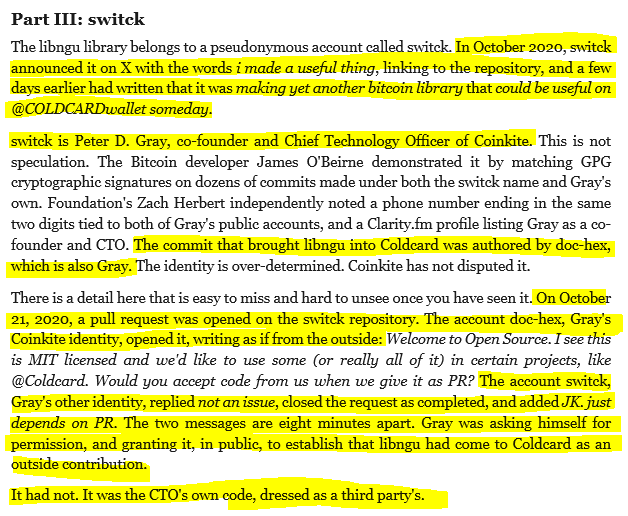 A highlighted text excerpt titled 'Part III: swtch' discussing the libgnu library and its connection to Coinkite's CTO, with multiple yellow highlights emphasizing key passages.