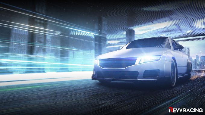 A sleek white race car speeds through a neon-lit urban tunnel with motion-blurred city lights streaking past its headlights. The "REVV RACING" logo appears in the corner, matching the post's call to collect dream cars and dominate the track in REVV Racing 2.0.