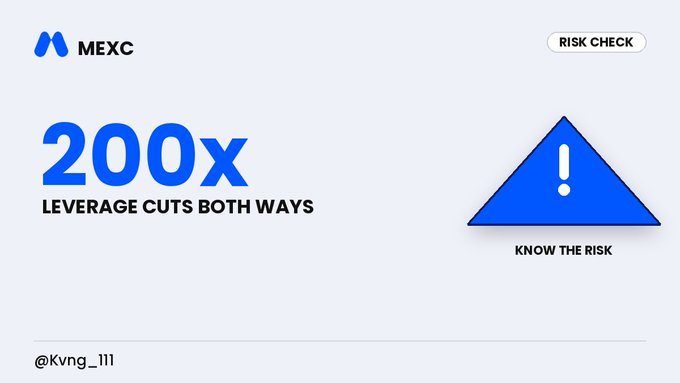 A MEXC cryptocurrency exchange advertisement shows '200x LEVERAGE CUTS BOTH WAYS' with a blue warning triangle and 'KNOW THE RISK' and 'RISK CHECK' labels, signed '@Kvng_111'.