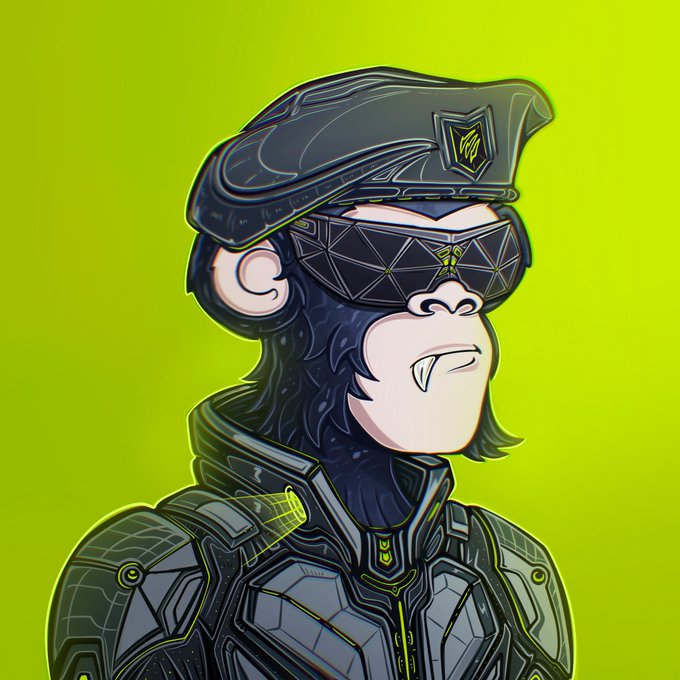 A cartoon illustration of a black gorilla wearing a futuristic military beret, tactical visor, and armor against a bright green background.