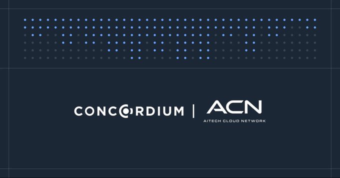 A dark blue graphic displaying 'CONCORDIUM' and 'ACN AITECH CLOUD NETWORK' logos below a pattern of blue dots.