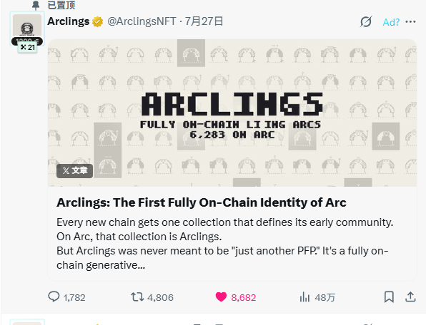 A Twitter/X post from 'Arclings' (@ArclingsNFT) showcasing pixel-art characters and the text 'ARCLINGS FULLY ON-CHAIN LIVING ARCS 6,283 ON ARC,' with engagement stats showing 1,782 comments, 4,806 retweets, and 8,682 likes.