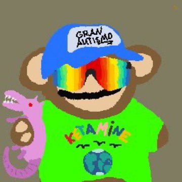 A cartoon bear wears a blue "GRAN AUTISMO" cap, rainbow ski goggles, and a green shirt reading "VETAMINE," while holding a pink crocodile and a globe with "V" beneath it.