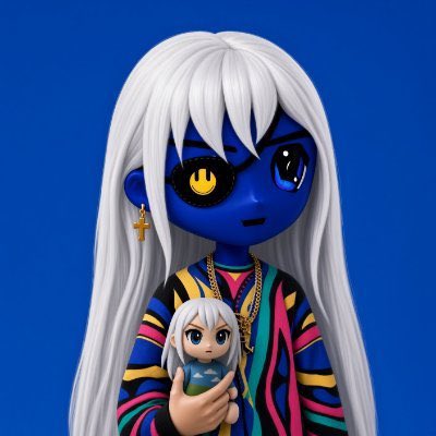 A blue-skinned anime character with long white hair and heterochromatic eyes (one yellow cat-like pupil, one blue) holds a small chibi figurine of herself while wearing colorful striped clothing and gold chains, set against a blue background. The image serves as an attention-grabbing visual for a post announcing plans to launch a Telegram group for crypto community members to share alphas and market opportunities without links to prevent scams.