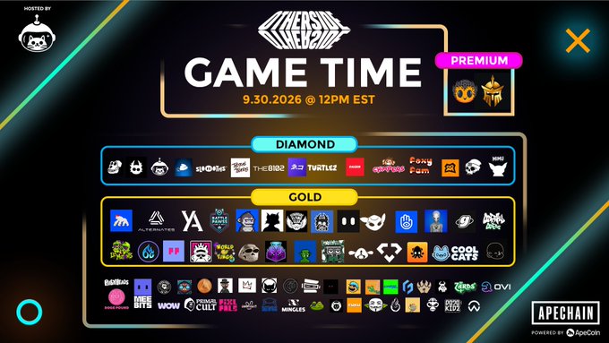 A promotional graphic for "OVERSEAS WEEK GAME TIME" on 9.30.2026 @ 12PM EST, listing Diamond, Gold, and other tier sponsors and partners, hosted by ApeChain.