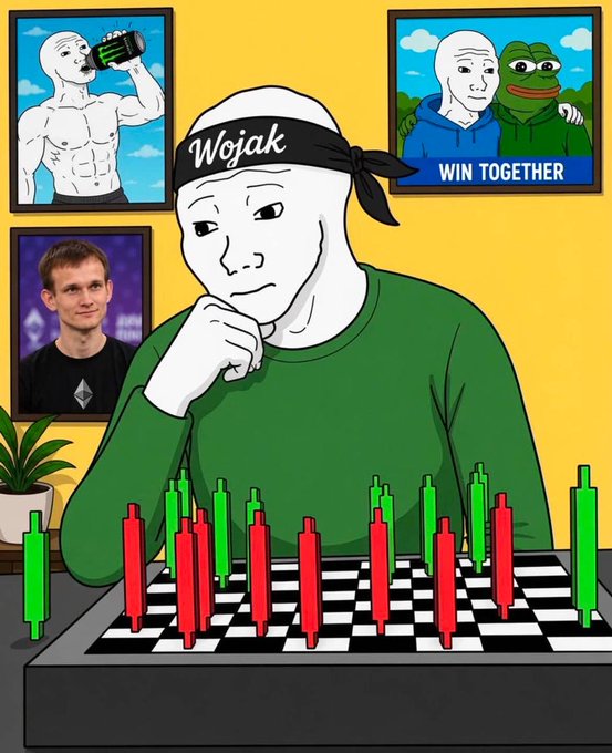 A Wojak character wearing a green shirt and a "Wojak" bandana ponders a chessboard with red and green candlestick figures, surrounded by posters of a chad drinking from a "WIN" mug, Pepe with the text "WIN TOGETHER," and Vitalik Buterin, tying into the post's call to "win together on Ethereum Mainnet" with Pepe, Vitalik, and Wojak.
