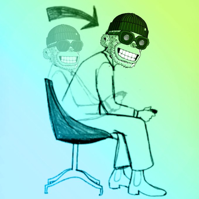 A digital illustration of a smiling person wearing sunglasses, a beanie, and earmuffs sitting in a chair and holding a controller, with a duplicate smaller figure behind them and an arrow pointing right.