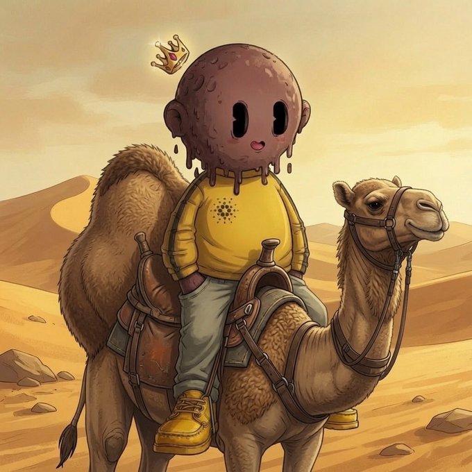 An illustration of a whimsical character with a melting, cookie-like head wearing a small crown, sitting on a camel in a desert landscape.