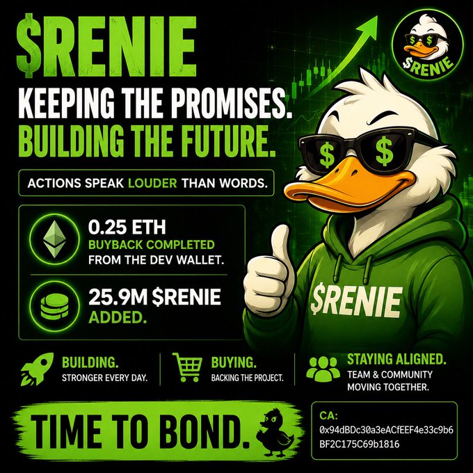 The image is a promotional graphic for $RENIE, a cryptocurrency token, featuring a cartoon duck mascot in a green hoodie with dollar-sign sunglasses giving a thumbs-up. It highlights a 0.25 ETH buyback completed from the dev wallet and 25.9M $RENIE added, with the bold tagline "KEEPING THE PROMISES. BUILDING THE FUTURE." and "TIME TO BOND." alongside the contract address. The graphic visually reinforces the post's message of bullish team alignment and active token buybacks, using the playful duck mascot to emphasize community-driven conviction and supply absorption.