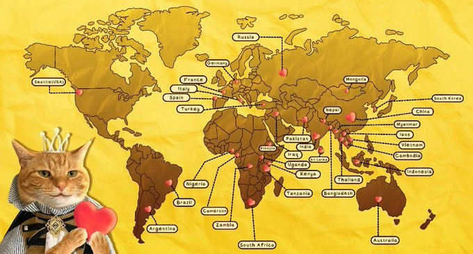 A meme image showing a cat wearing a crown and holding a red heart overlaid on a yellow world map with country labels including Russia, France, Germany, Brazil, China, and Australia.