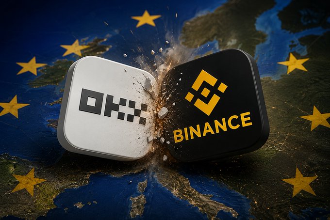A dramatic illustration showing the OKX and Binance app icons colliding with sparks against a backdrop of the European Union map and yellow stars.