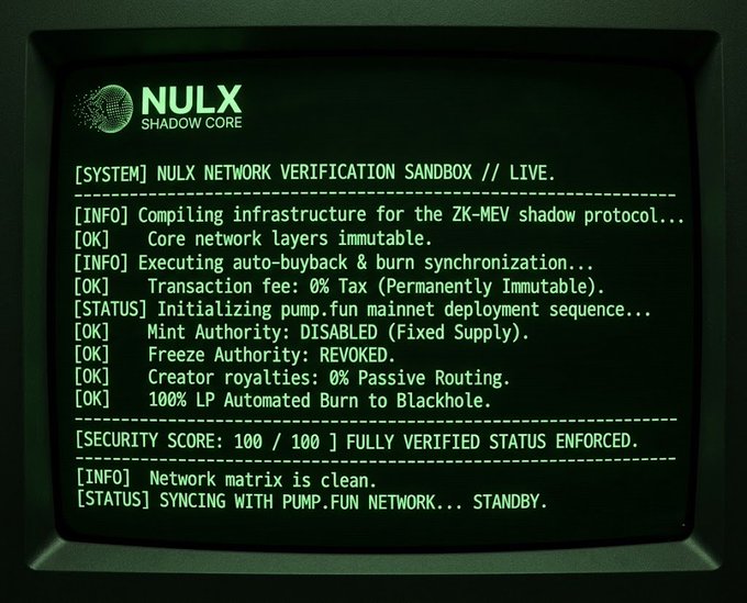 A retro computer terminal screen displaying 'NULX SHADOW CORE' system logs for a NULX network verification sandbox, showing status messages about ZK-MEV protocol, 0% tax, disabled mint authority, and pump.fun network sync.