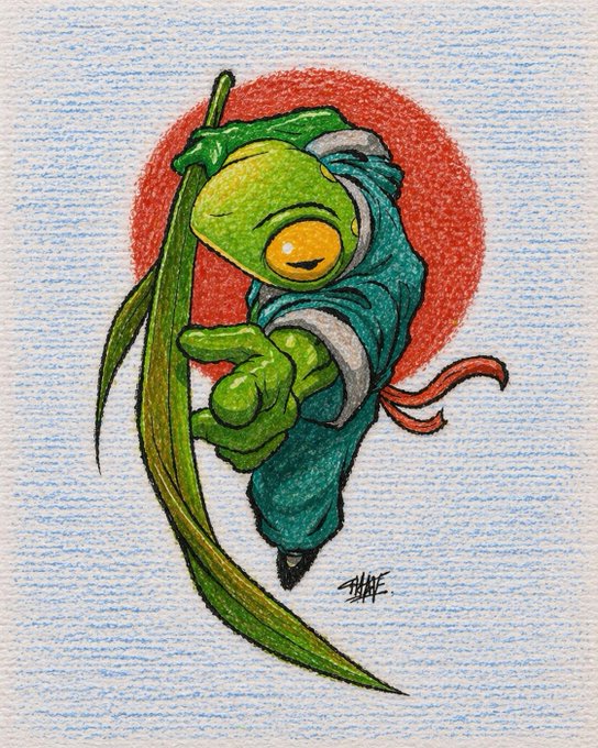 A stylized illustration of a green frog samurai character with a large blade, set against a red circular background reminiscent of the Japanese flag, which visually represents the "Ribbit" brand. The artwork ties into the post's mention of $RIBBIT, while the samurai imagery suggests a warrior-like, battle-ready theme for the platform's developments. The artist's signature "BHAF" is visible in the bottom right corner.