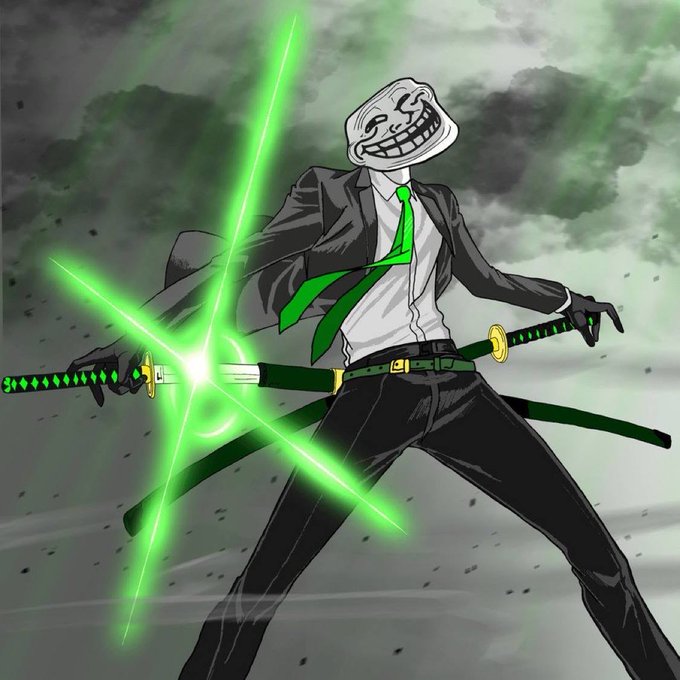 An anime-style illustration of a character with a troll face mask wearing a black suit with a green tie, wielding a katana that emits green laser-like beams.