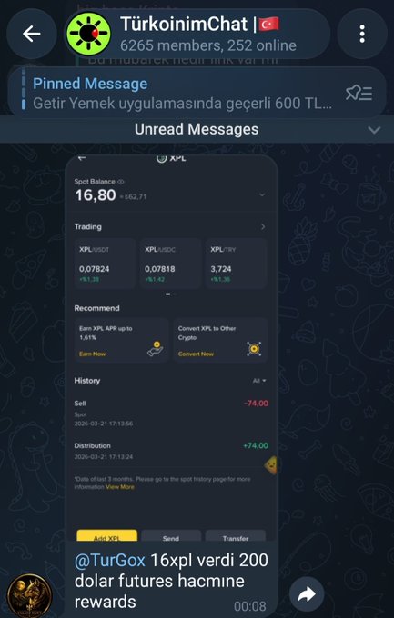 A screenshot of a Telegram chat 'TürkoimChat' featuring a pinned message about a 600 TL food app promotion and a crypto trading app interface showing XPL token balances and a 'Convert XPL to Other Crypto' option.