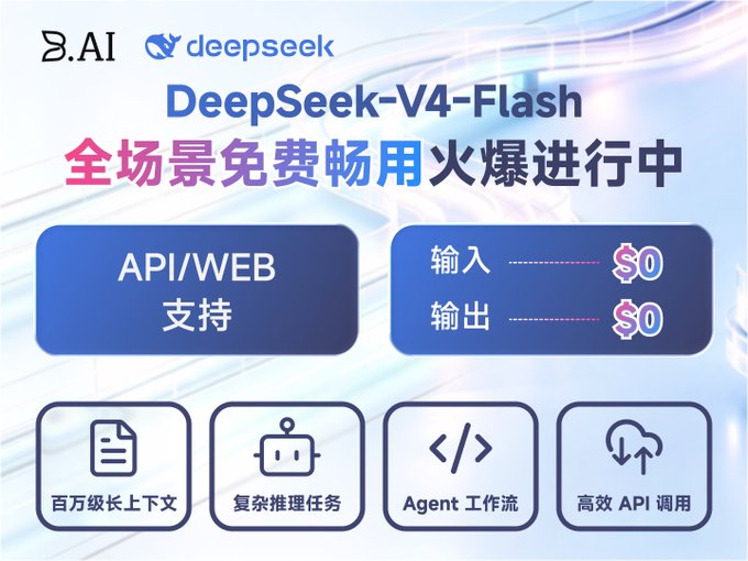 A promotional graphic by B.AI featuring the DeepSeek-V4-Flash model, advertising free usage with $0 input/output pricing, API/WEB support, million-token context, complex reasoning tasks, Agent workflows, and efficient API calls—aligning with B.AI's mission to provide accessible, one-stop AGI infrastructure for developers and Web3 users.