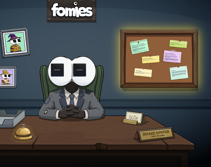 An animated cartoon character with large eyes sits behind a desk as an "INTAKE OFFICER" beneath the "fomies" logo, featuring a bell on the desk ready to be rung for whitelist registration as described in the post.