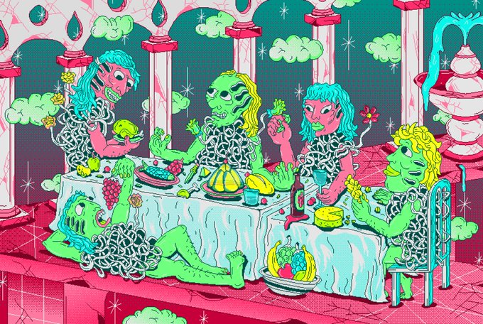 A vibrant, surreal illustration depicts grotesque yet colorful figures feasting at a banquet table laden with fruit and food, set in a marble hall with flaming pillars.