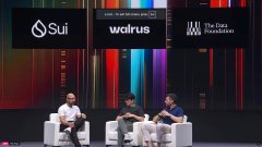 Three people sit in white chairs on a stage at a conference, with banners displaying 'Sui', 'wcirrus', and 'The Data Intelligence' logos.