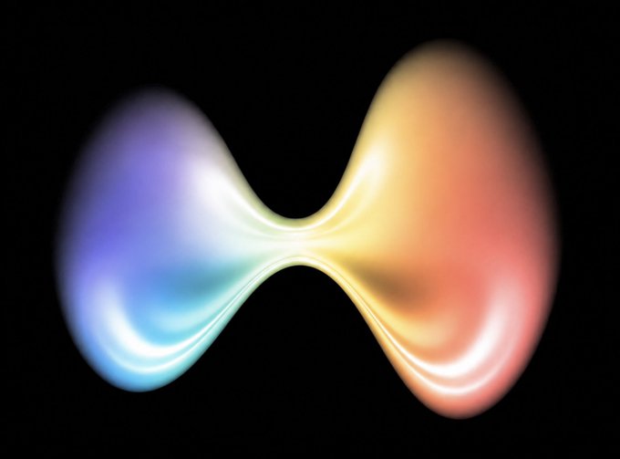 A luminous, hourglass-shaped digital artwork with iridescent blue and warm orange gradients floats against a black background, resembling an abstract ethereal form that visually echoes the cryptic, alternate-reality tone of the post's reference to "hyperworld" and "Vib." No text, numbers, or tickers are visible in the image.