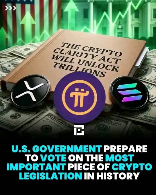 The image features a book titled "THE CRYPTO CLARITY ACT WILL UNLOCK TRILLIONS" with crypto logos (XRP, Pi, and Solana) displayed over a background of U.S. currency and upward market graphs. The caption reads "U.S. GOVERNMENT PREPARE TO VOTE ON THE MOST IMPORTANT PIECE OF CRYPTO LEGISLATION IN HISTORY." The image visually reinforces the post's message about the pending Crypto Clarity Act vote, highlighting key cryptocurrencies that could benefit from the legislation's passage.