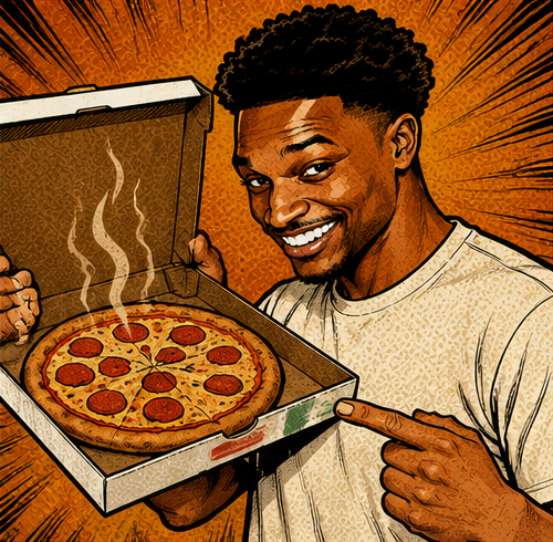 A comic-style illustration of a smiling young man with an afro holding an open pizza box containing a steaming pepperoni pizza.