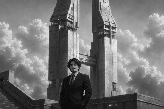 A suited man stands on a monumental, brutalist structure beneath towering pillars and dramatic clouds, evoking the futuristic banking system described in the STANDARD post. The image has no visible text, numbers, or names, but its imposing architecture reinforces the idea of a powerful digital financial institution.
