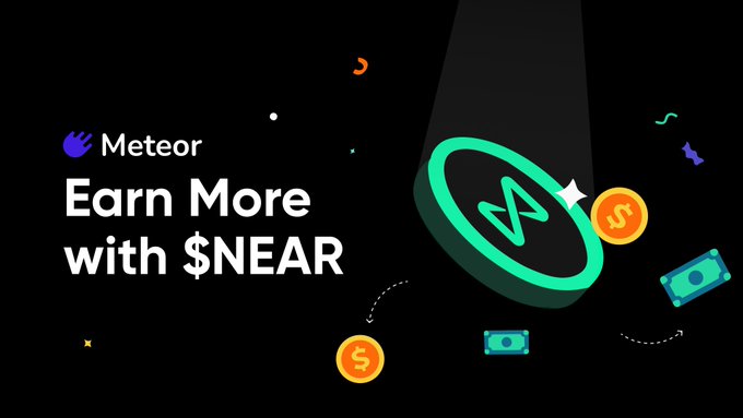 Promotional graphic reading 'Meteor - Earn More with $NEAR' featuring a spotlight, coins, and dollar bills on a black background.