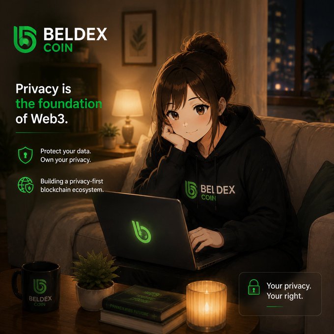A promotional graphic for 'BELDEX COIN' featuring an anime-style illustration of a smiling young woman wearing a branded black hoodie, using a glowing green laptop on a couch, with the tagline 'Privacy is the foundation of Web3.'